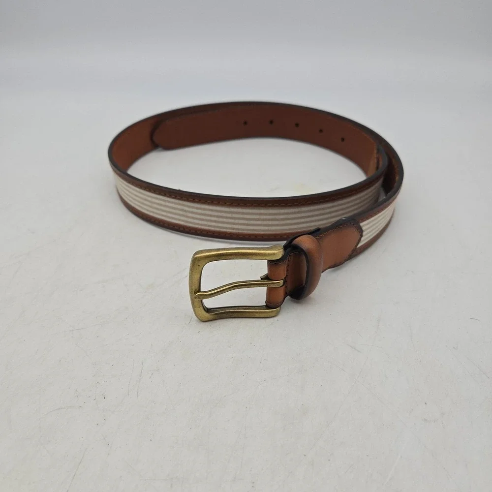 Structure Belt Brown Leather Striped Fabric Mens 36 Brass Buckle NWOT